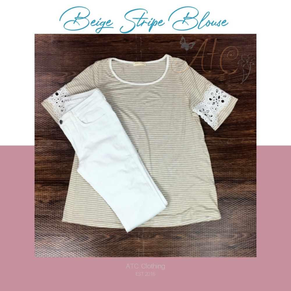 A2 Twenty Second  Beige Striped Blouse Crochet Sle